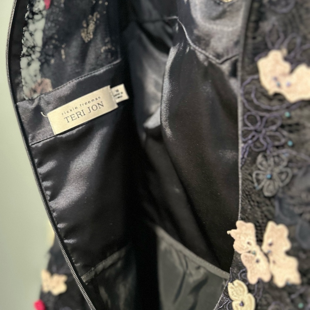 Teri Jon Navy and Pink Embroidered Dress